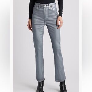 PAIGE Claudine Coated High Waist Flare Jeans in Silver shimmer. Size 29.